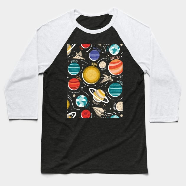 Paper space adventure II // pattern // black background multicoloured solar system paper cut planets origami paper spaceships and rockets Baseball T-Shirt by SelmaCardoso